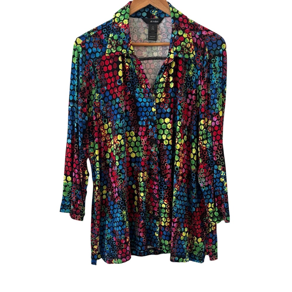 Ali Miles Crinkle Button Up Tunic Top Womens 1X Geometric Colorful Artsy